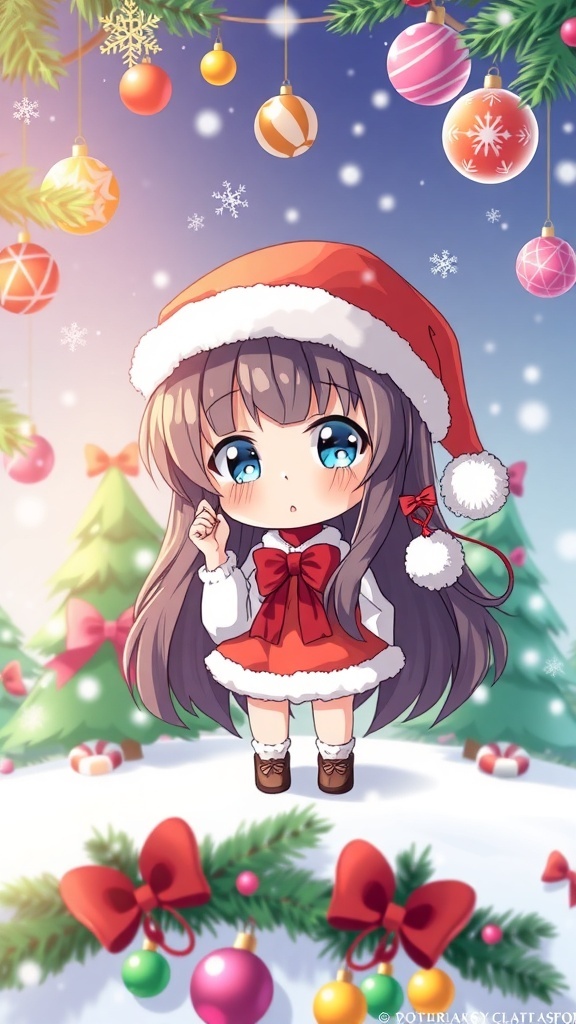 Kuromi in a Santa hat with Christmas decorations in a festive background.